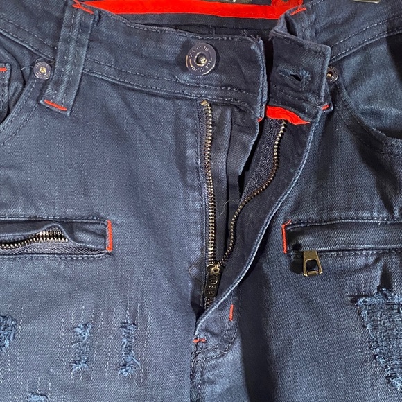 Makobi Moto Jeans 36x34 Navy Mens Distressed Slim Fit Biker Denim Pants Stretch - Picture 9 of 15